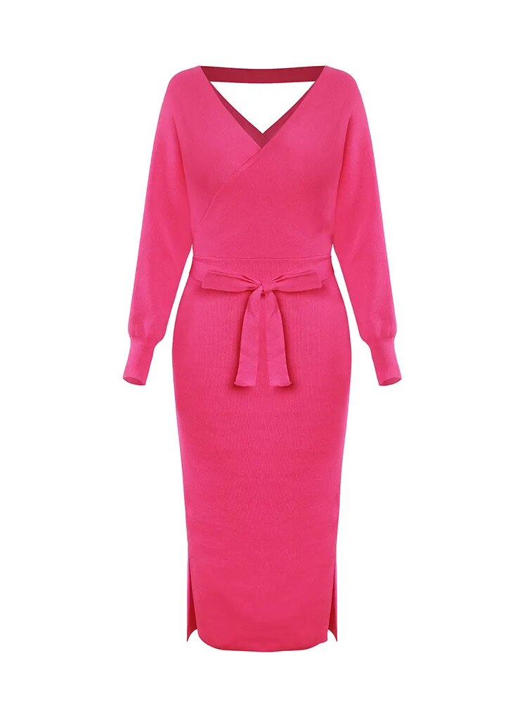 V-neck Belted Backless Sweater Dress 10