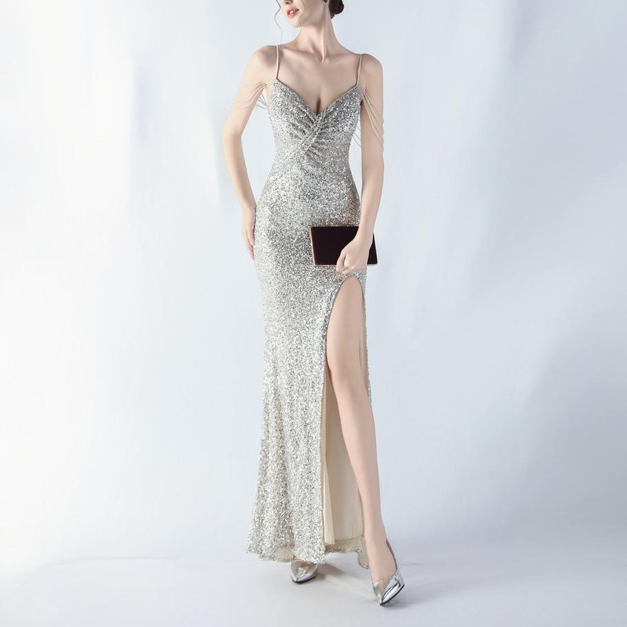 Sequin Spaghetti Strap V-Neck Ruched High Split Mermaid Gown