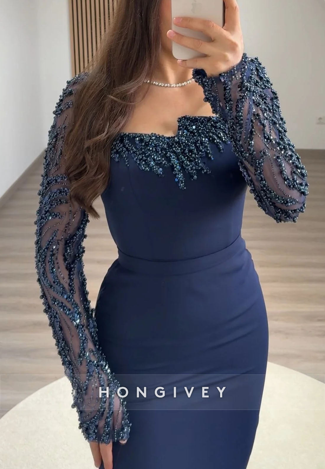 Column Asymmetrical Neck Evening Gown Long Sleeve Beading Ankle-Length Formal Dresses