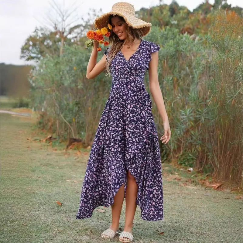 Ditsy Floral Print V-Neck Flutter Sleeve High-Low Maxi Dress