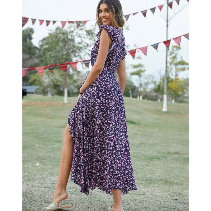 Ditsy Floral Print V-Neck Flutter Sleeve High-Low Maxi Dress