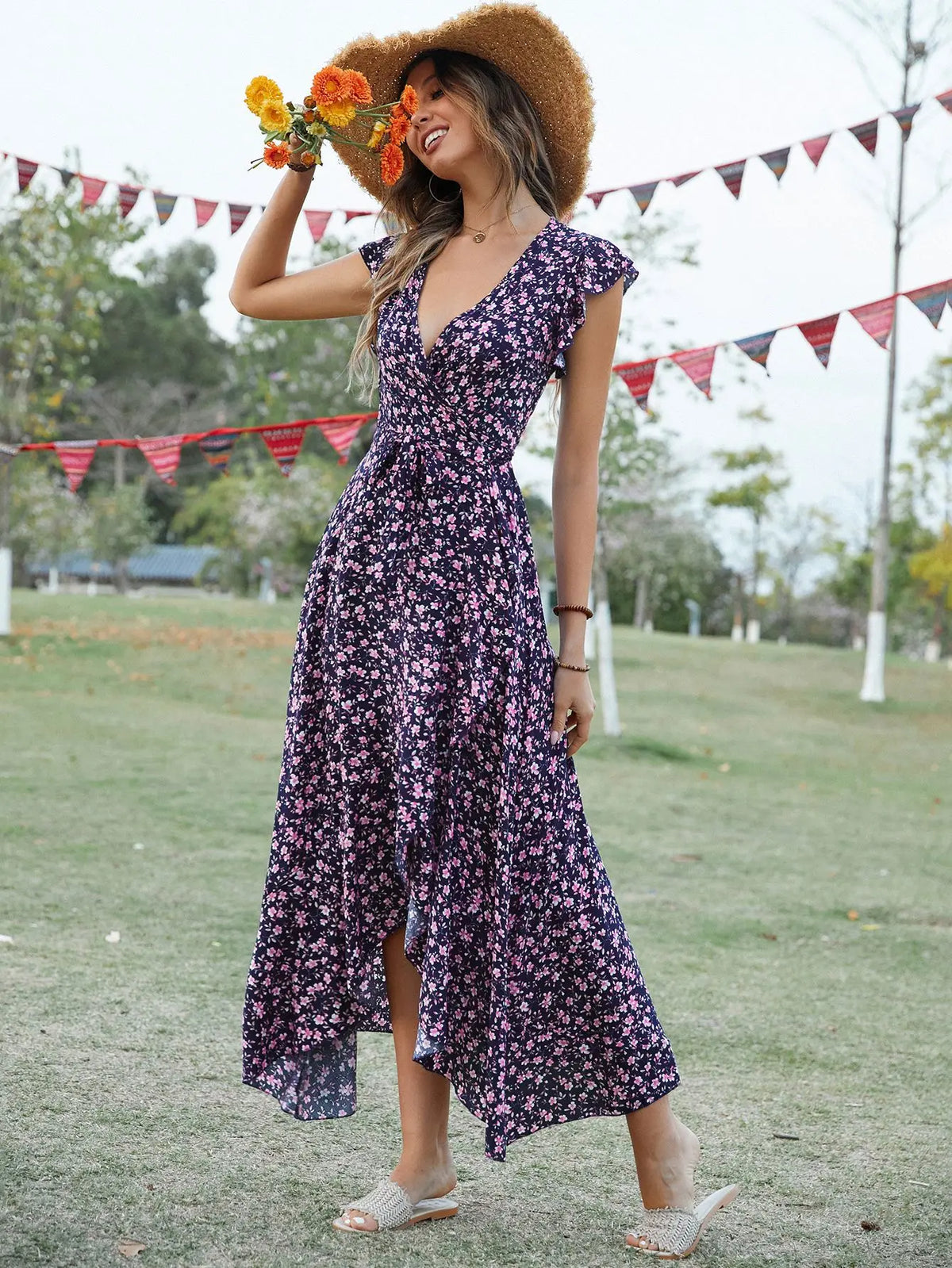 Casual Fitted Floral Print Dress Navy blue / S oldfloraldress-250126