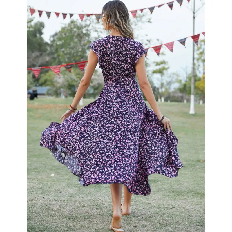 Ditsy Floral Print V-Neck Flutter Sleeve High-Low Maxi Dress