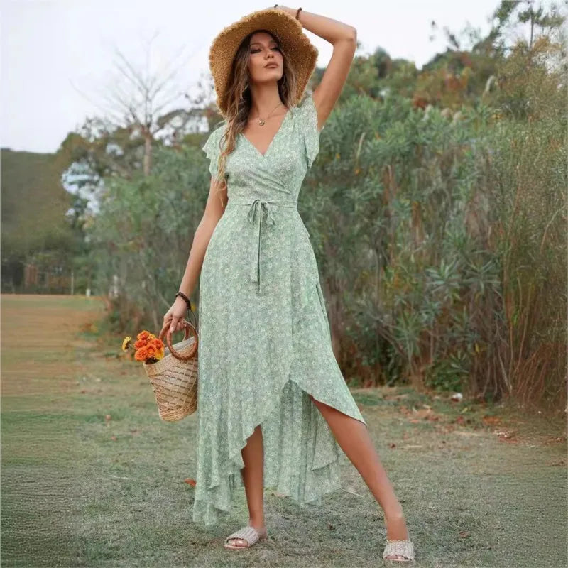 Ditsy Floral Print V-Neck Flutter Sleeve High-Low Maxi Dress