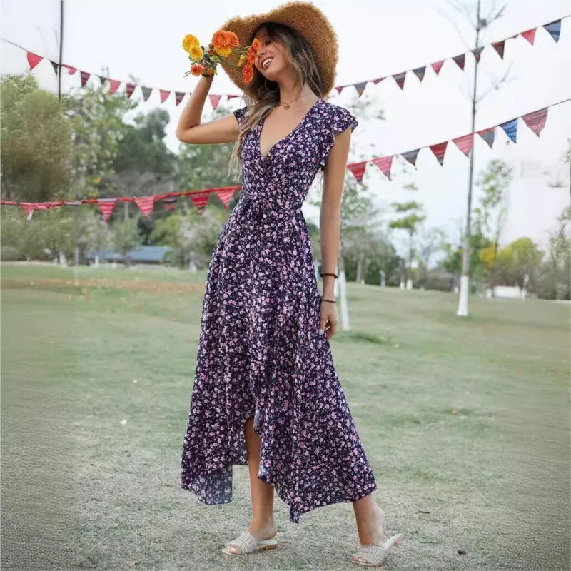 Ditsy Floral Print V-Neck Flutter Sleeve High-Low Maxi Dress