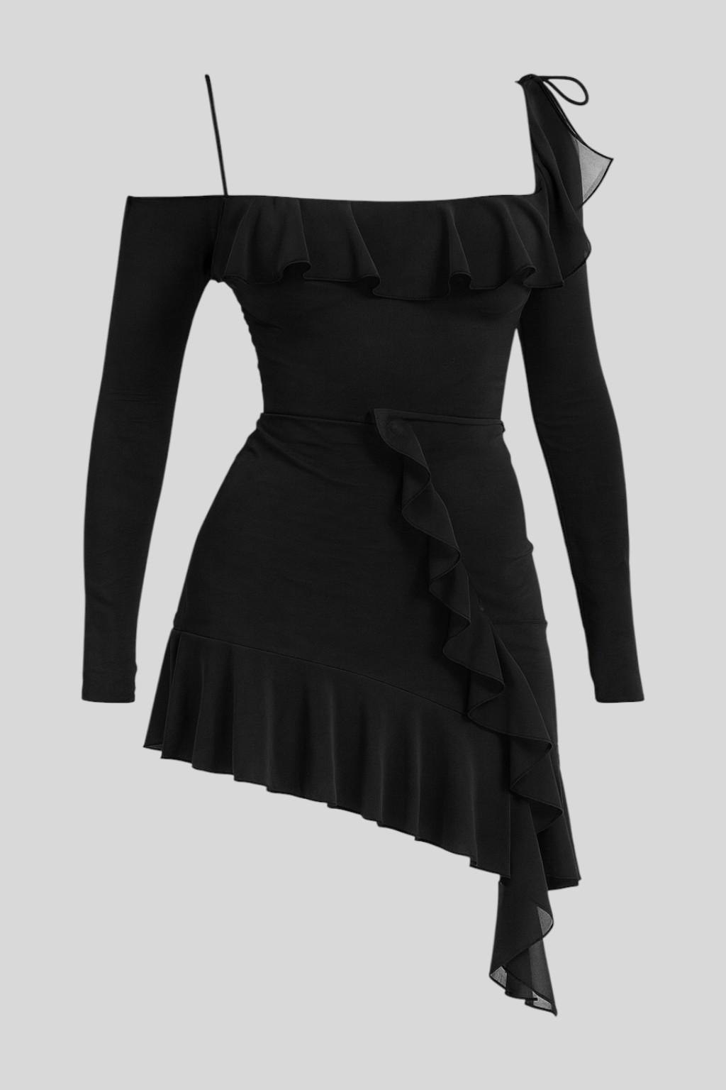Cold Shoulder Ruffle Long Sleeve Asymmetric Hem Bodycon Mini Dress 2
