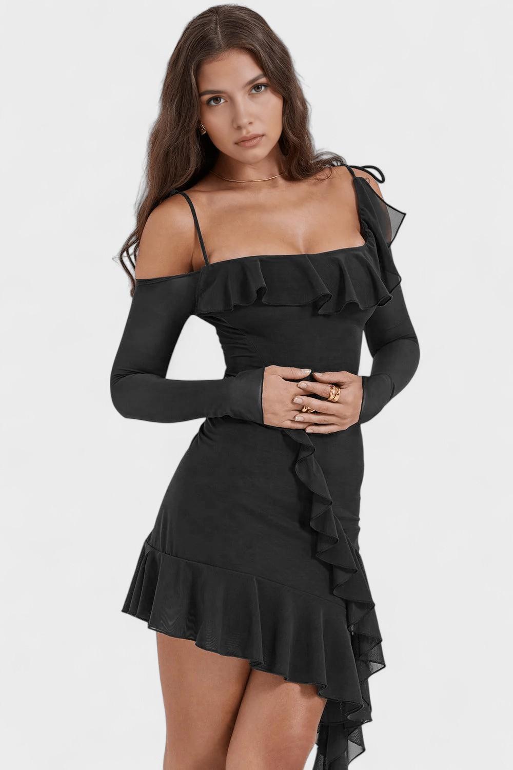 Cold Shoulder Ruffle Long Sleeve Asymmetric Hem Bodycon Mini Dress