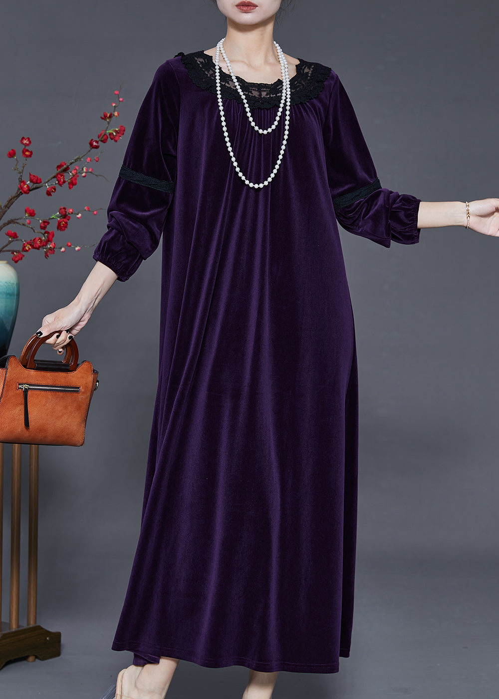 Velvet Lace Trim Round Neck Long Sleeve Lace Inset Maxi Dress