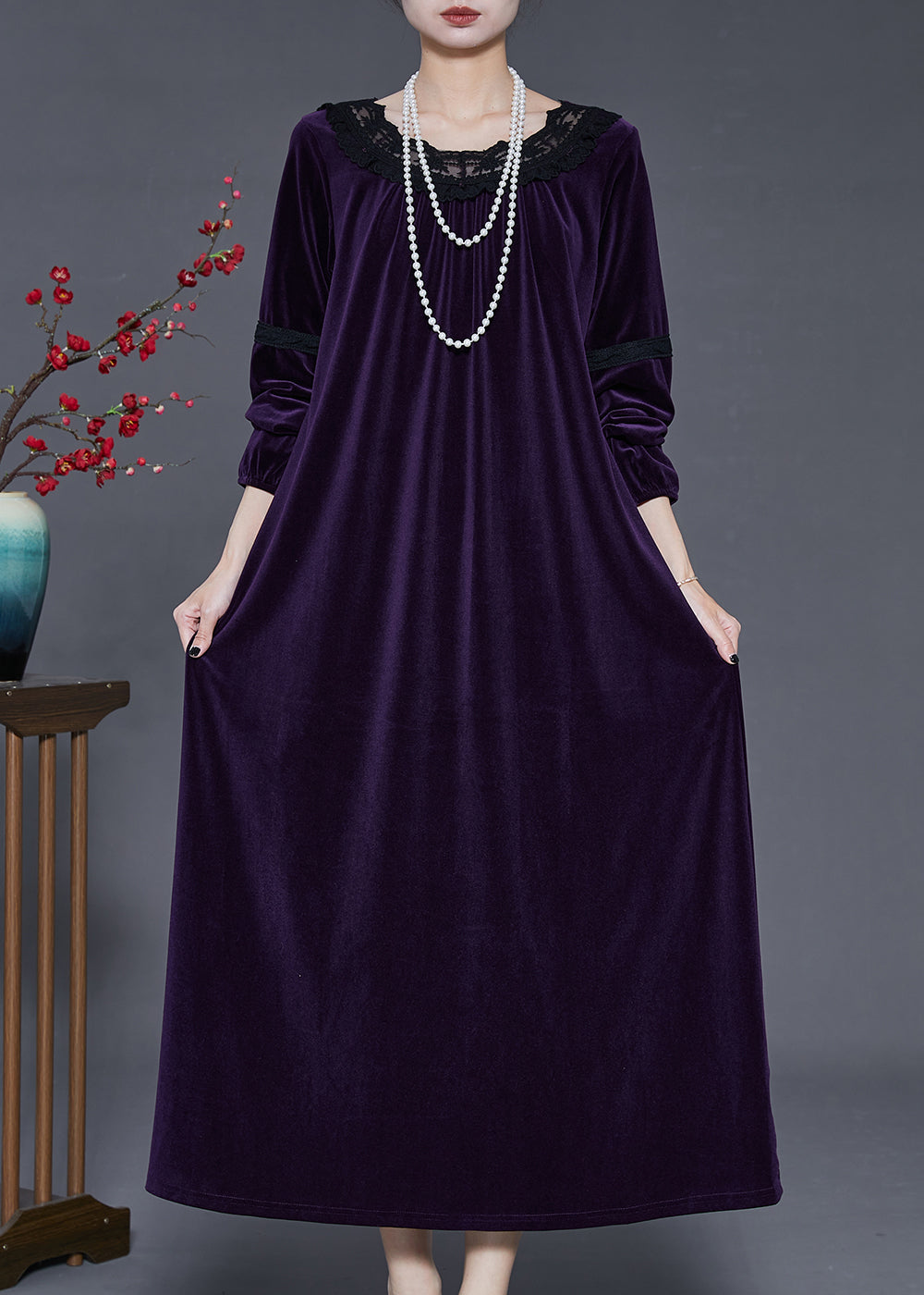 Velvet Lace Trim Round Neck Long Sleeve Lace Inset Maxi Dress - View 2