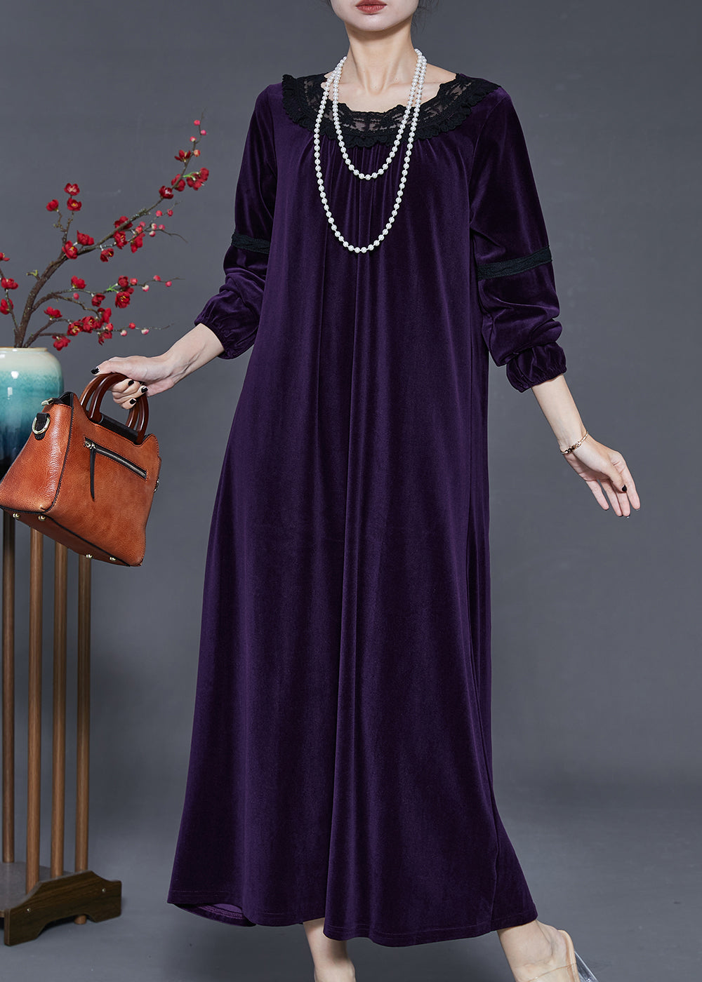 Velvet Lace Trim Round Neck Long Sleeve Lace Inset Maxi Dress - View 3