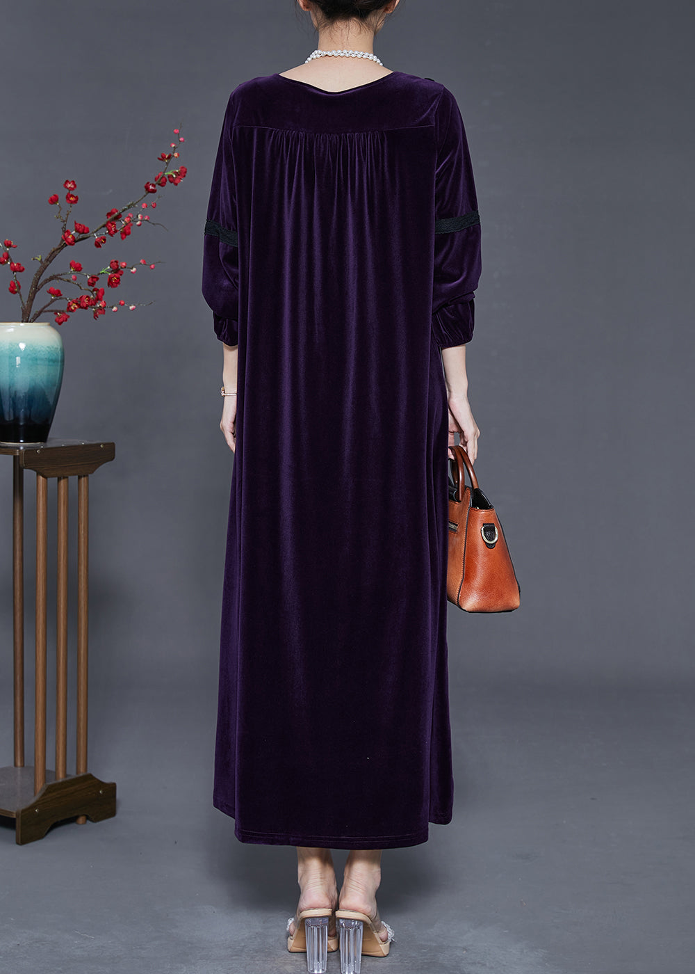 Velvet Lace Trim Round Neck Long Sleeve Lace Inset Maxi Dress - View 4