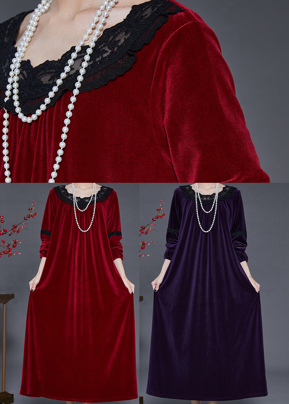 Velvet Lace Trim Round Neck Long Sleeve Lace Inset Maxi Dress - View 5