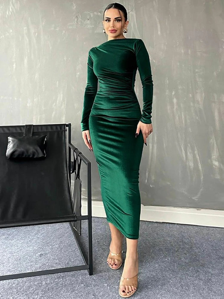 Velvet Long Sleeve Midi Dress - Elegant Party Clothes for Christmas Party - Fashionpara