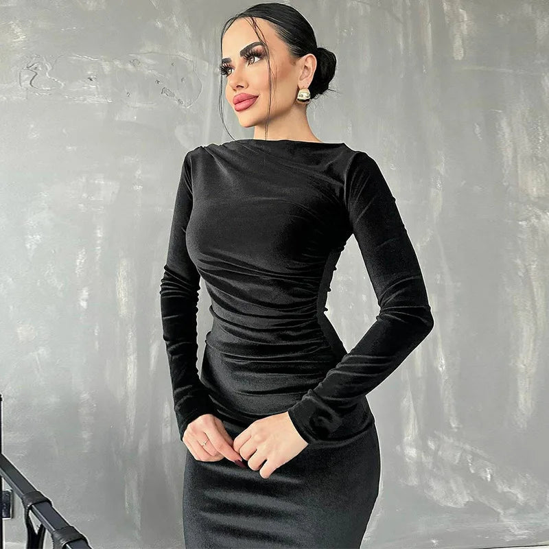 Velvet Long Sleeve Midi Dress - Elegant Party Clothes for Christmas Party - Fashionpara