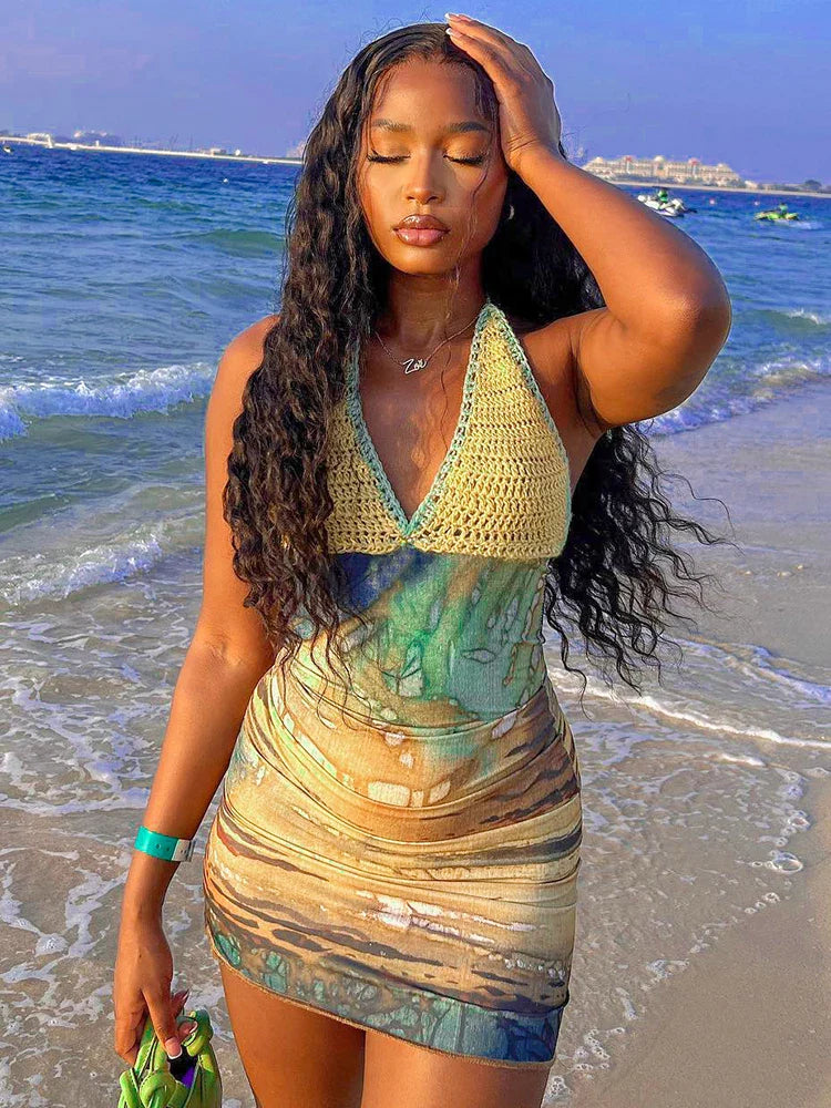 Tie-Dye Lace-Up Halter Mini Dress