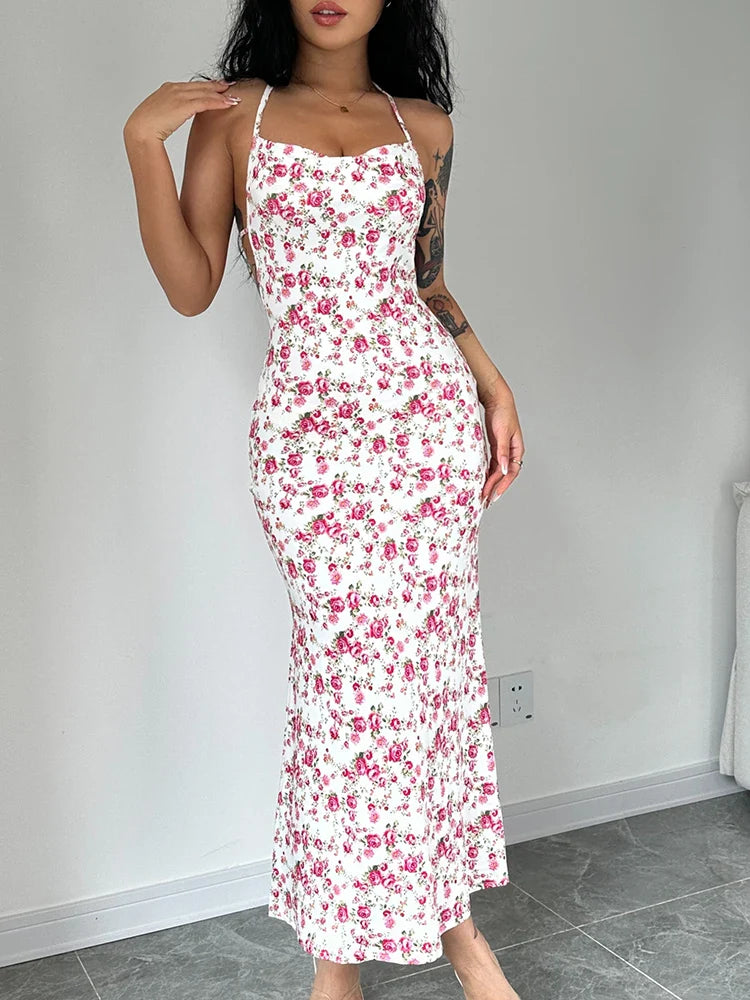 Lace-Up Halter Floral Backless Bodycon Dress
