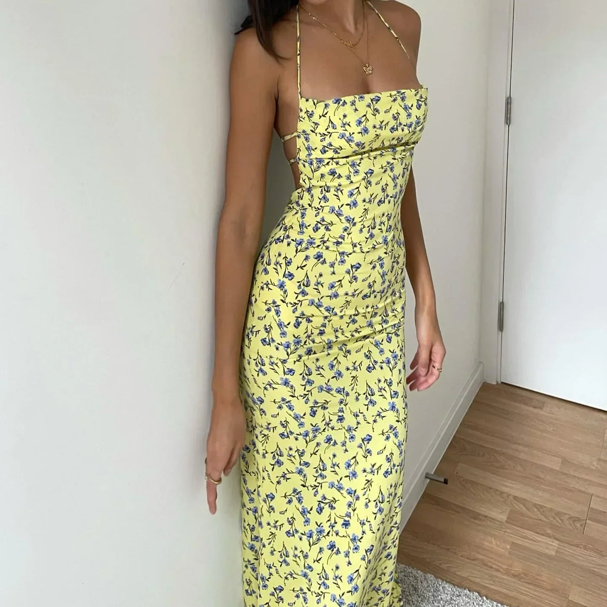 Floral Halter Neck Lace Up High Split Bodycon Midi Dress - View 6