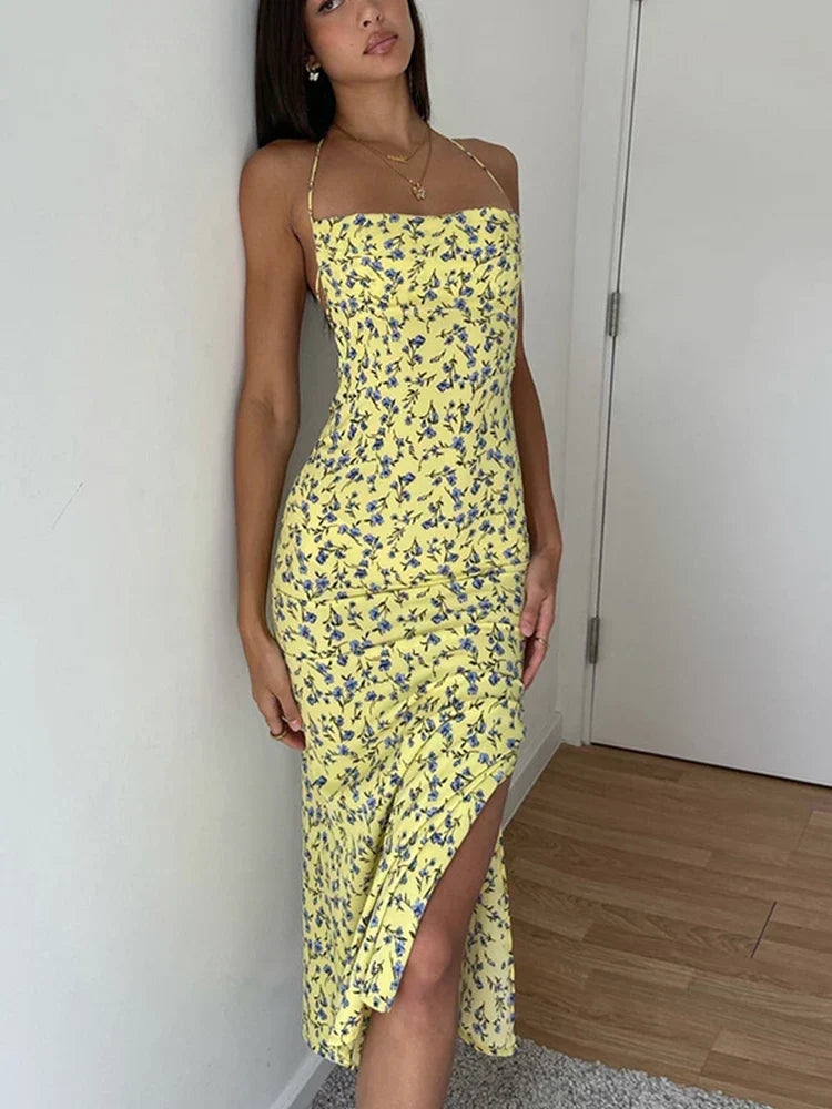 Floral Halter Neck Lace Up High Split Bodycon Midi Dress - View 4