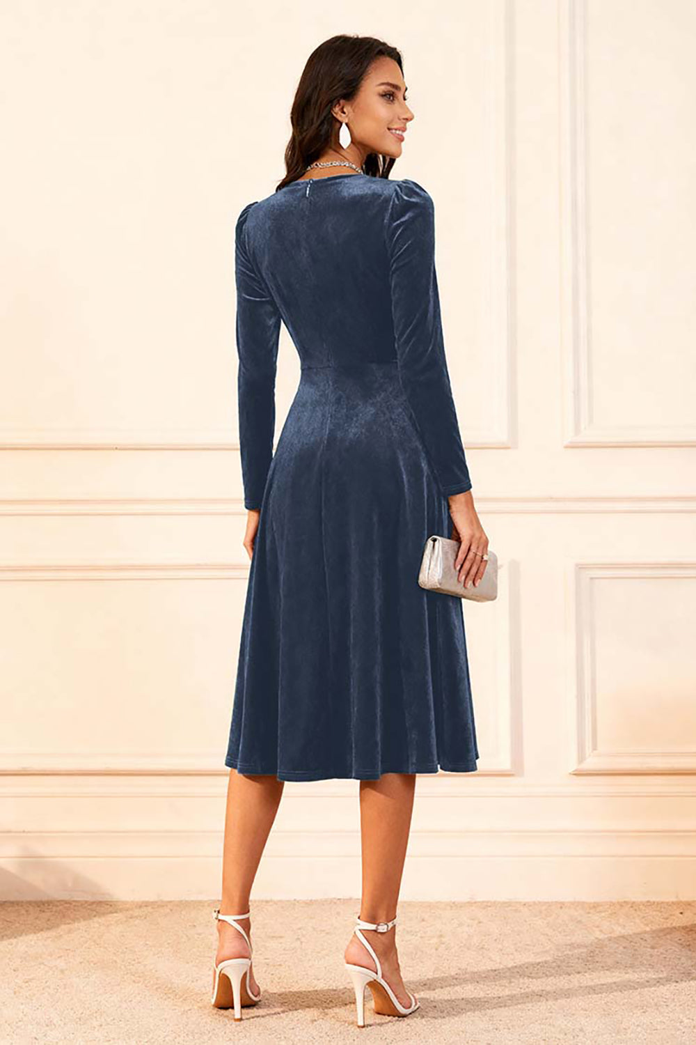 Dark Green A Line Velvet Midi Glitter Holiday Party Dress with Sleeves