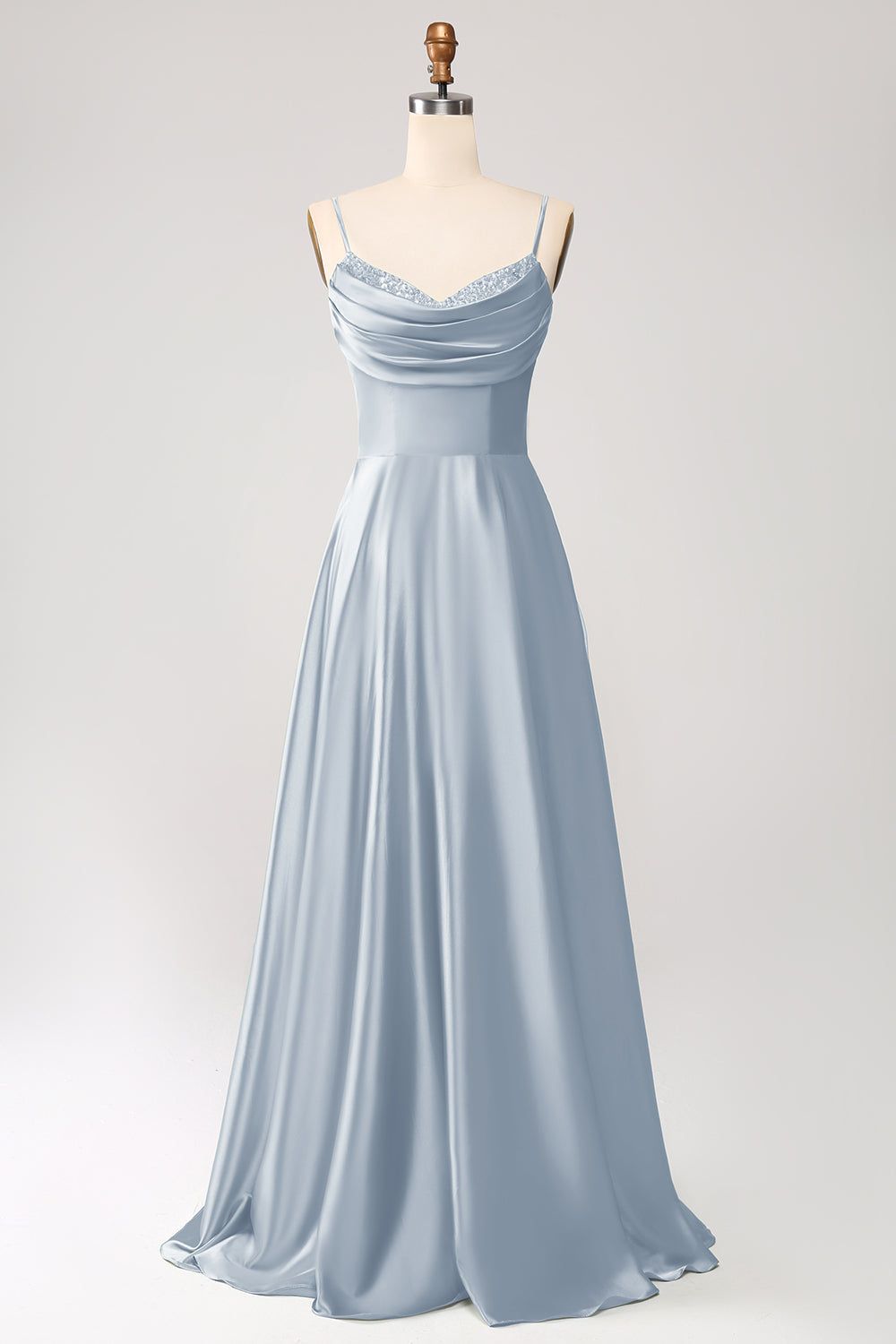 Dusty Sage A Line Cowl Neck Satin Long Prom Dress with Pleated