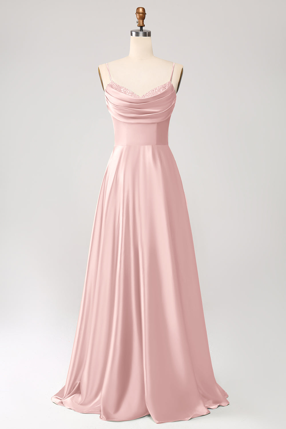 Dusty Sage A Line Cowl Neck Satin Long Prom Dress with Pleated
