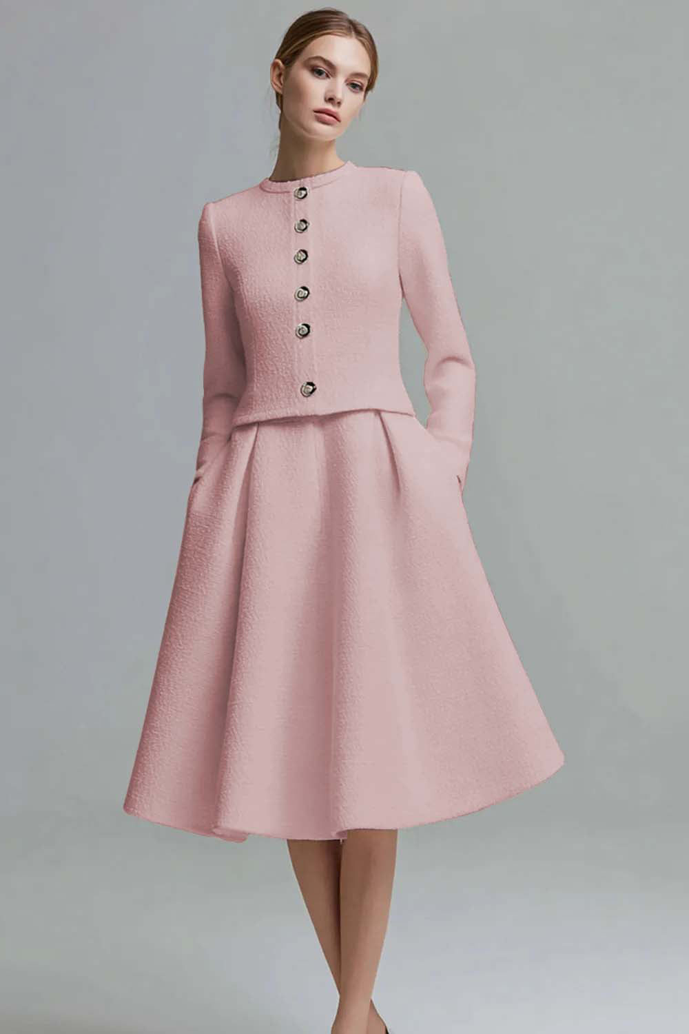 Ivory Tweed 2 Piece Midi Homecoming Outfits with Pockets