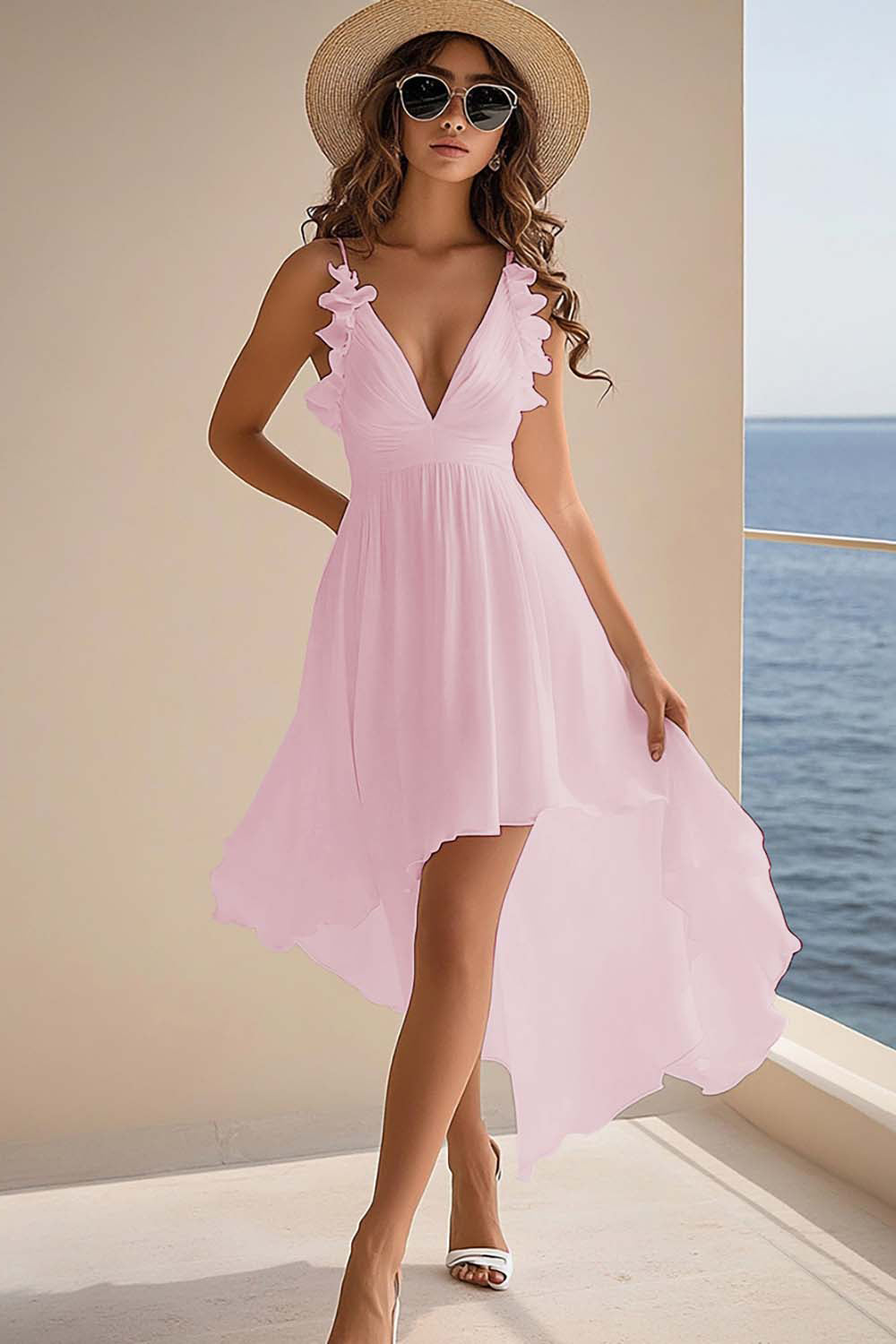 White Chiffon A Line Boho High Low Graduation Dress with Ruffles