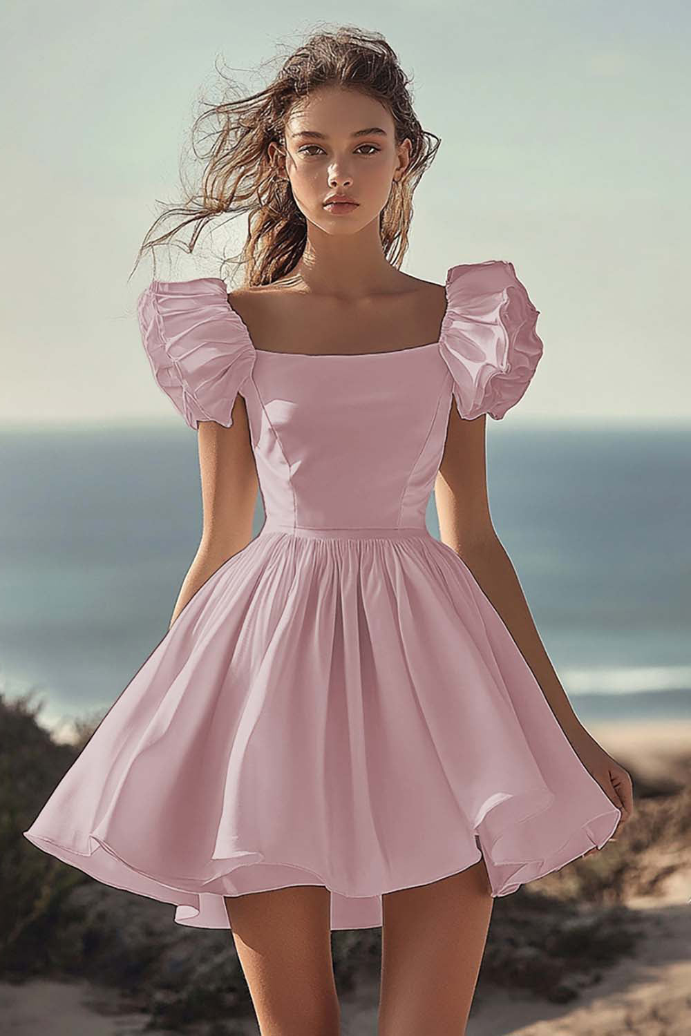 White Satin Mini A Line Graduation Dress with Ruffles