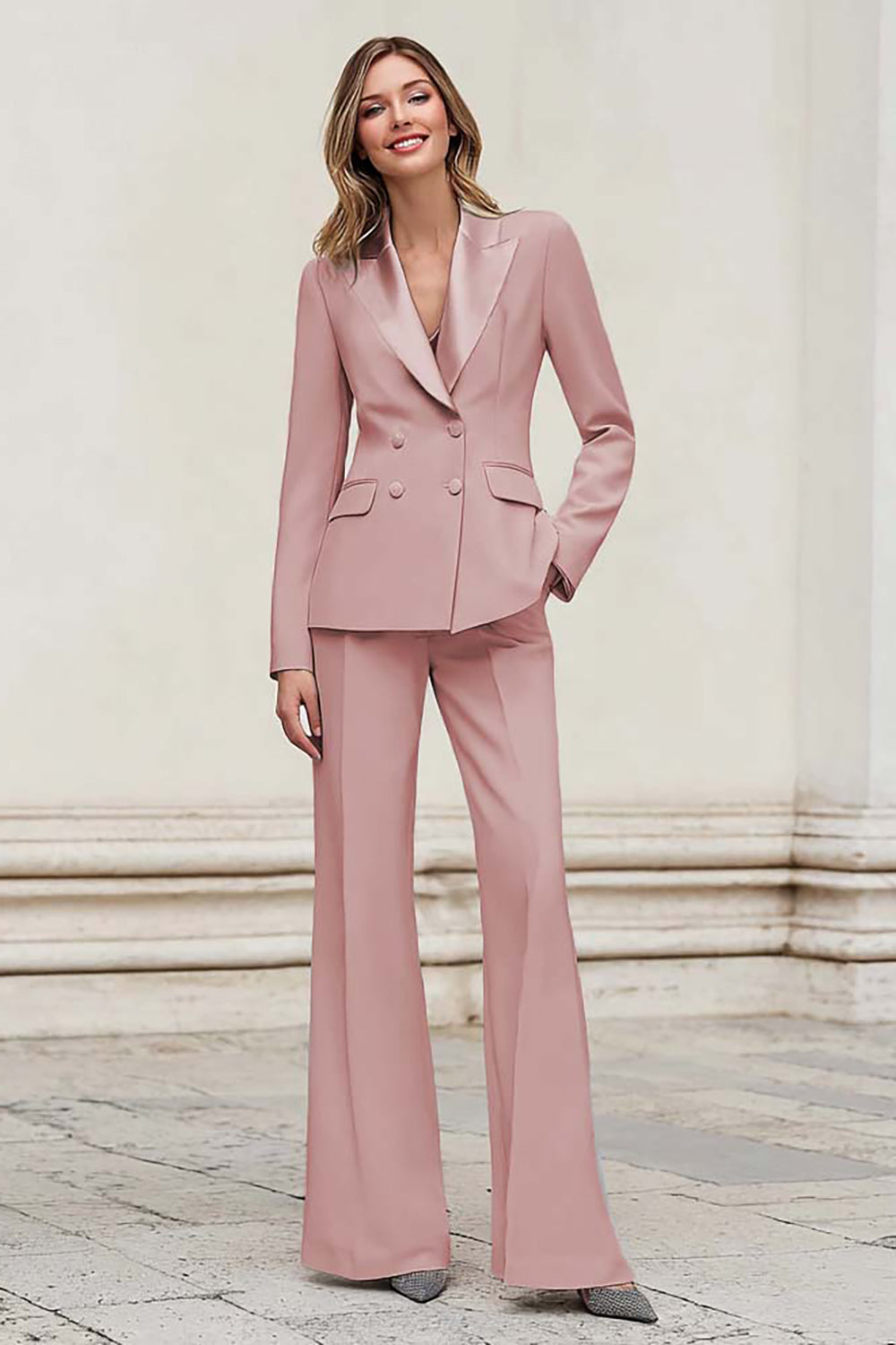 Silver Notched Lapel Double Breasted 2 Piece Women Prom Suits