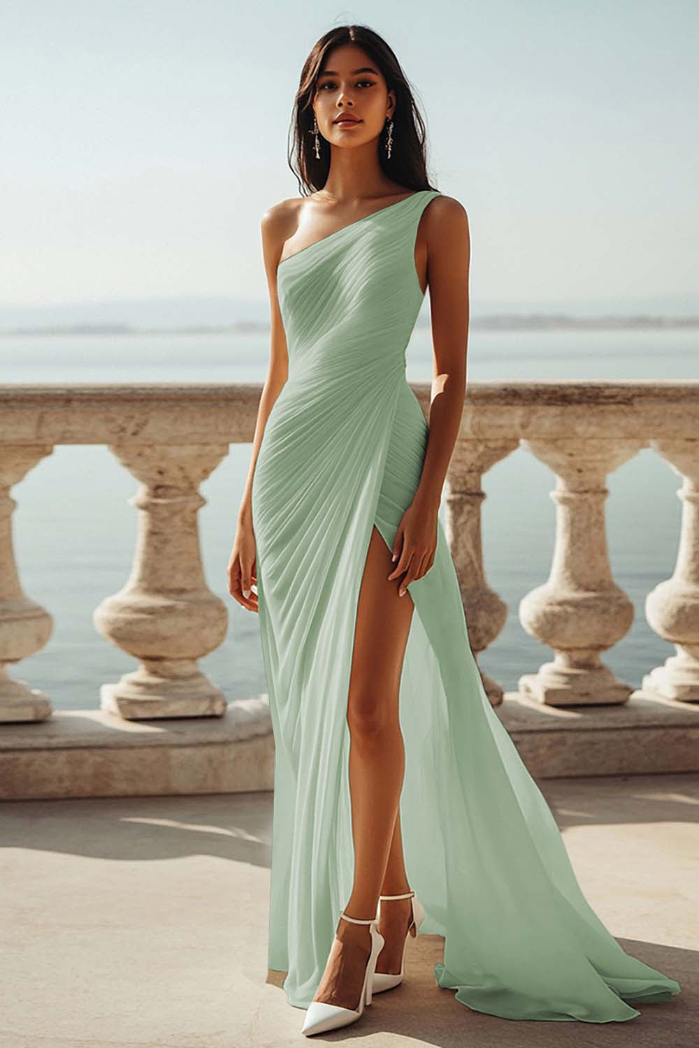 Ivory Ruched One Shoulder Beach Maxi Rehearsal Dinner Dress with Slit