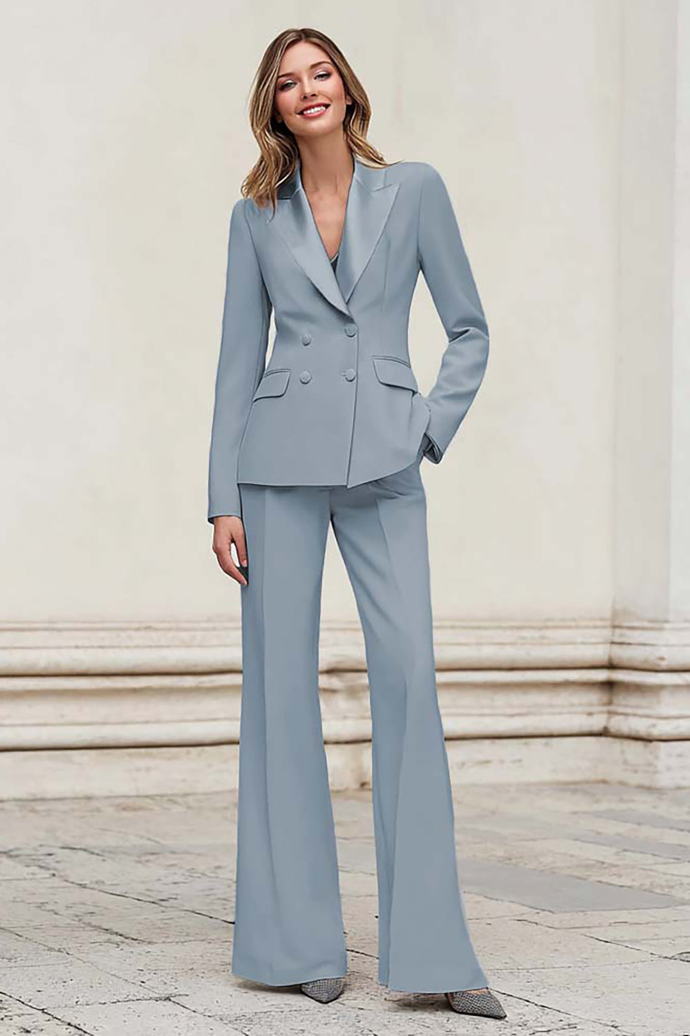 Silver Notched Lapel Double Breasted 2 Piece Women Prom Suits