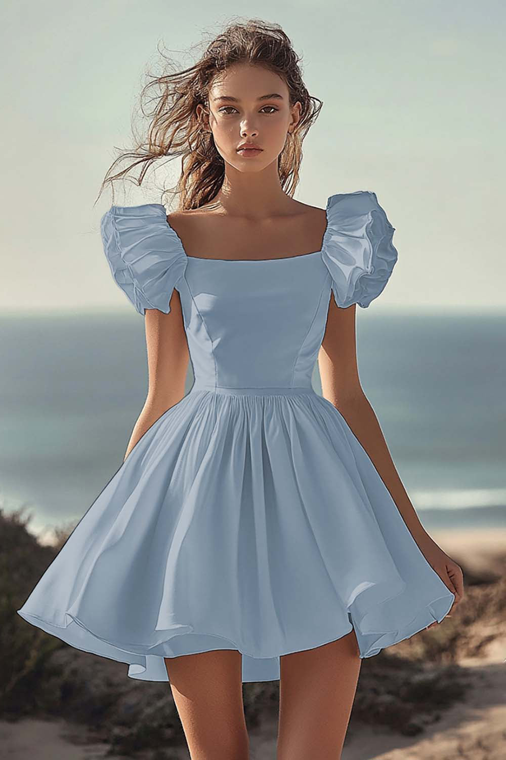 White Satin Mini A Line Graduation Dress with Ruffles