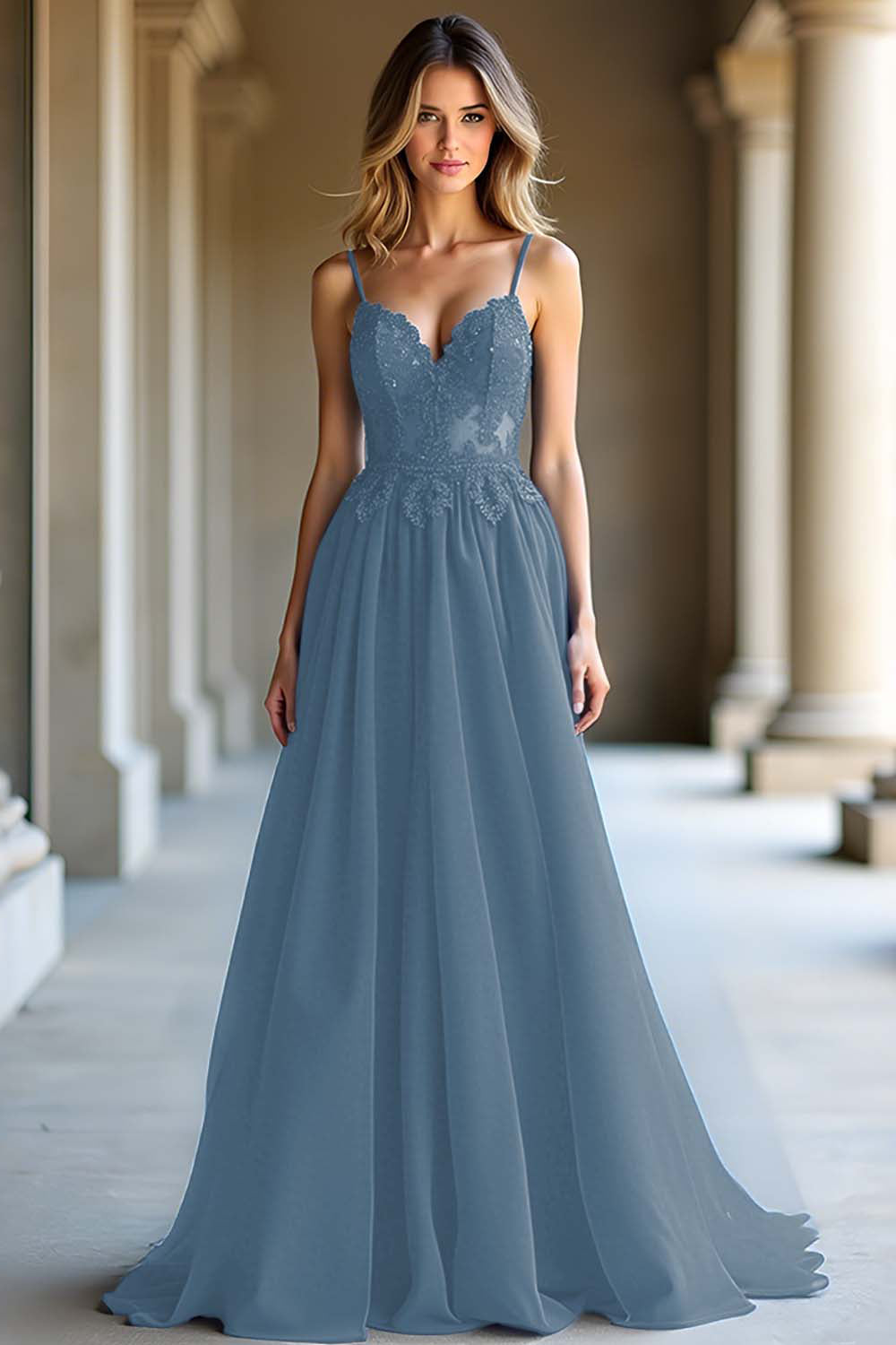 Elegant Dark Blue Spaghetti Straps Prom Dress with Appliques