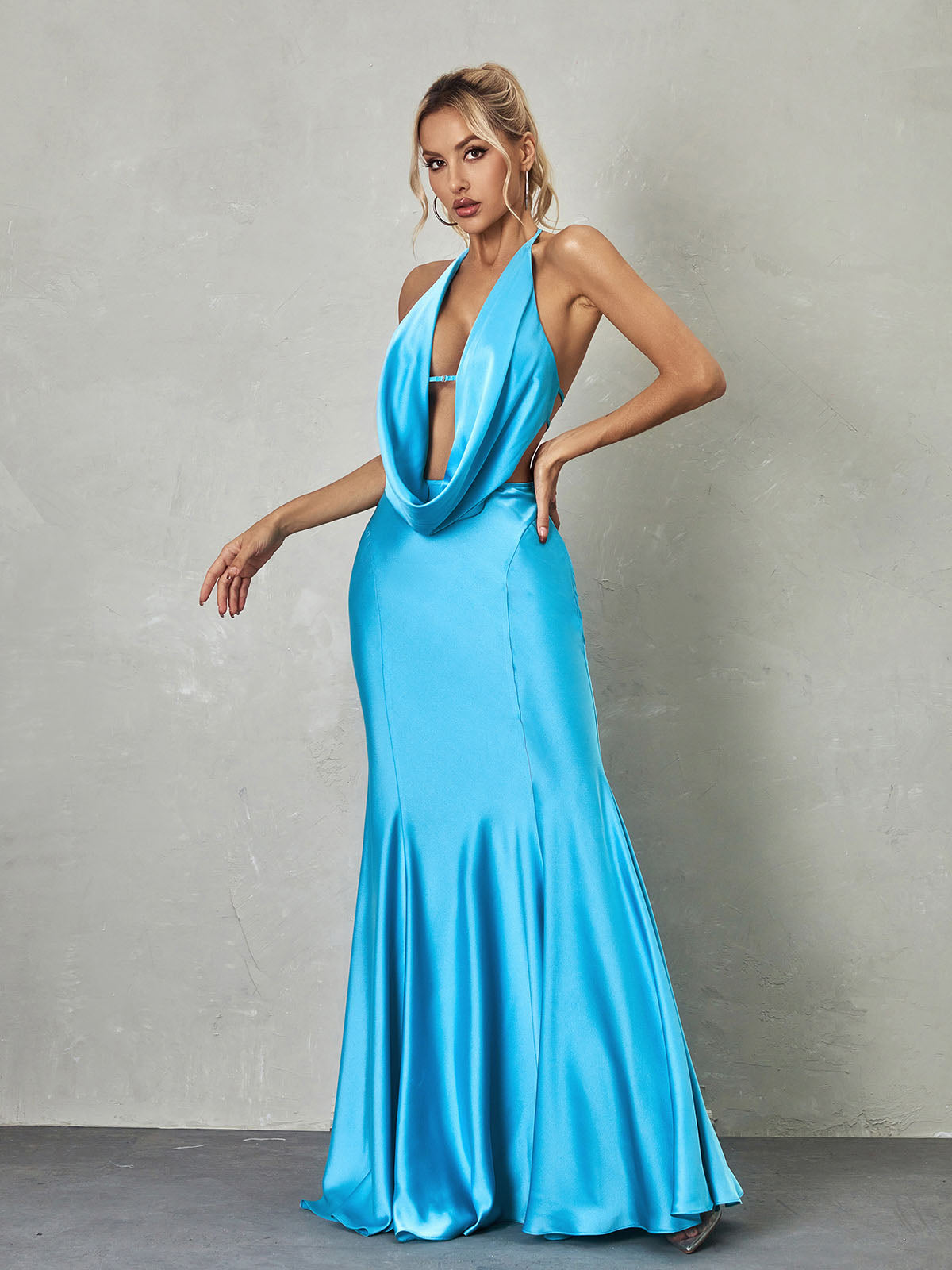 Satin Draped Cowl Neck Backless Mermaid Maxi Dress