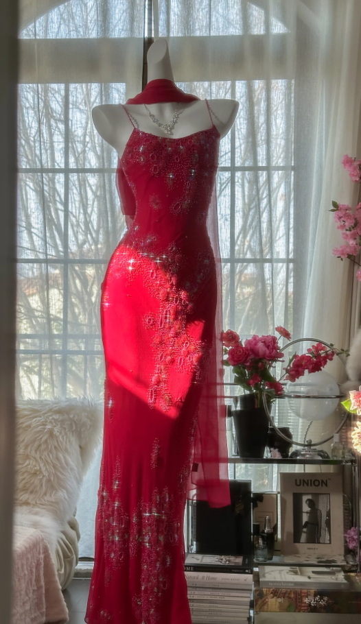 Pretty Red Spaghetti Straps Chiffon Beaded Mermaid Evening Dress Long Birthday Party Dress Prom Gown D1789