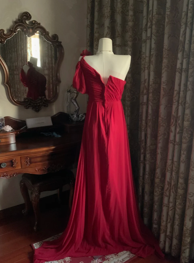 Elegant One Shoulder Red Chiffon Long Wedding Guest Dress Formal Birthday Prom Dress Evening Dress With Flowers D1780