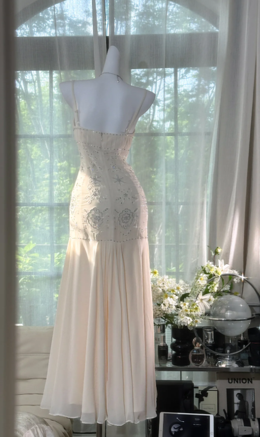 Classy Spaghetti Straps Ivory Chiffon Sequin Beaded Mermaid Party Dress Evening Gown D979