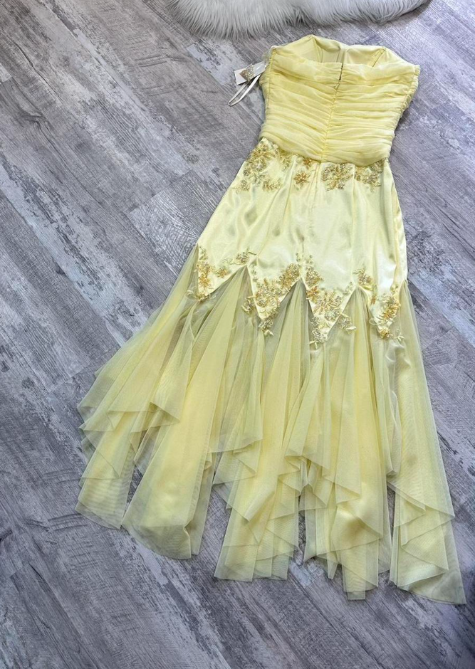 Elegant Strapless Yellow Chiffon Satin Beaded Mermaid Evening Dress Birthday Party Dress D1317