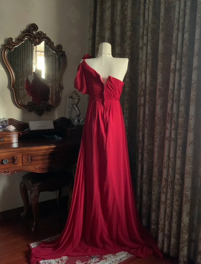 Elegant One Shoulder Red Chiffon Long Wedding Guest Dress Formal Birthday Prom Dress Evening Dress With Flowers D1780