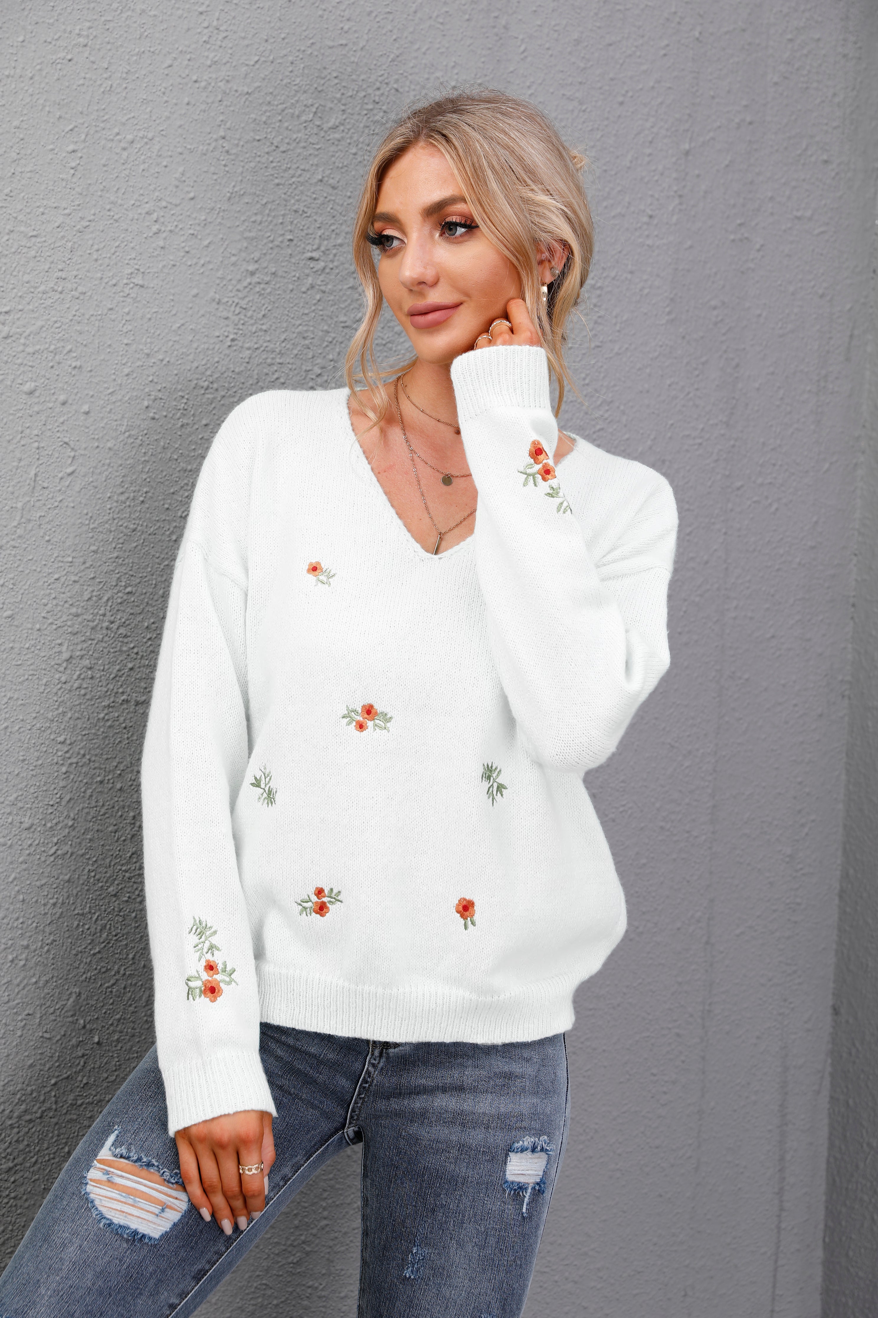 RadyRin V-Neck Plus Size Floral Embroidered Sweater