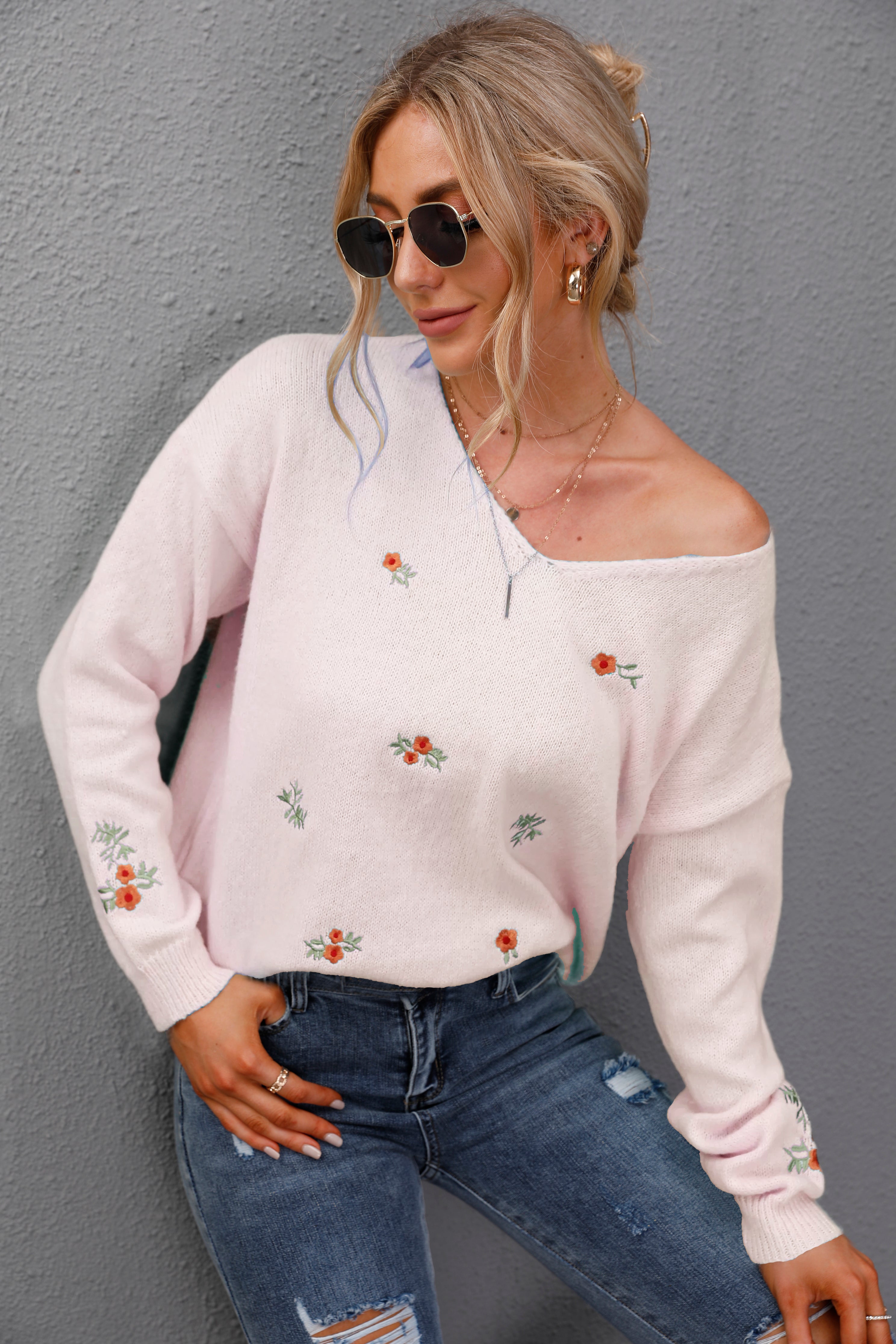 RadyRin V-Neck Plus Size Floral Embroidered Sweater