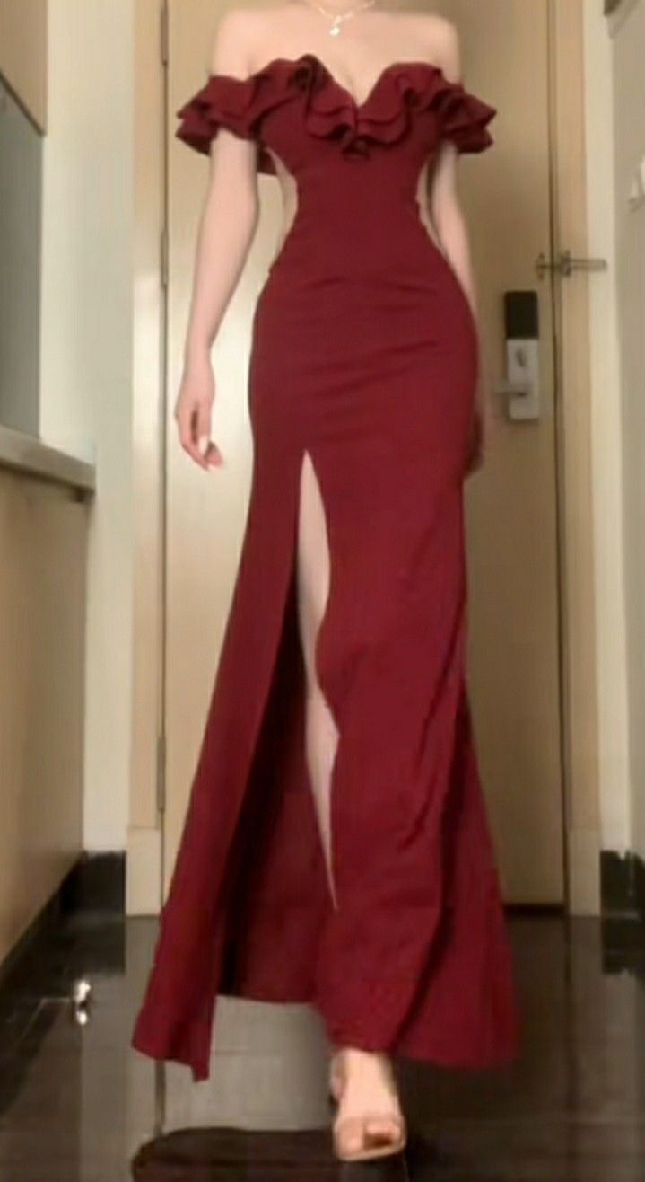 Stylish Burgundy Off The Shoulder Satin Slit Mermaid Evening Dress Long Wedding Guest Dress D1558