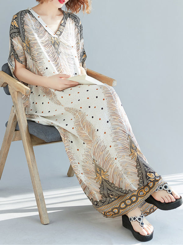 Feather Print V-Neck Batwing Sleeve Kaftan Maxi Dress 6