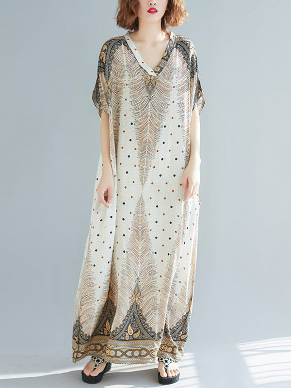 Feather Print V-Neck Batwing Sleeve Kaftan Maxi Dress 3