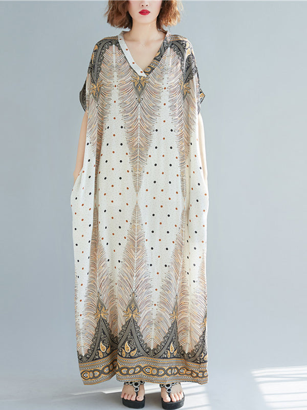 Feather Print V-Neck Batwing Sleeve Kaftan Maxi Dress 2