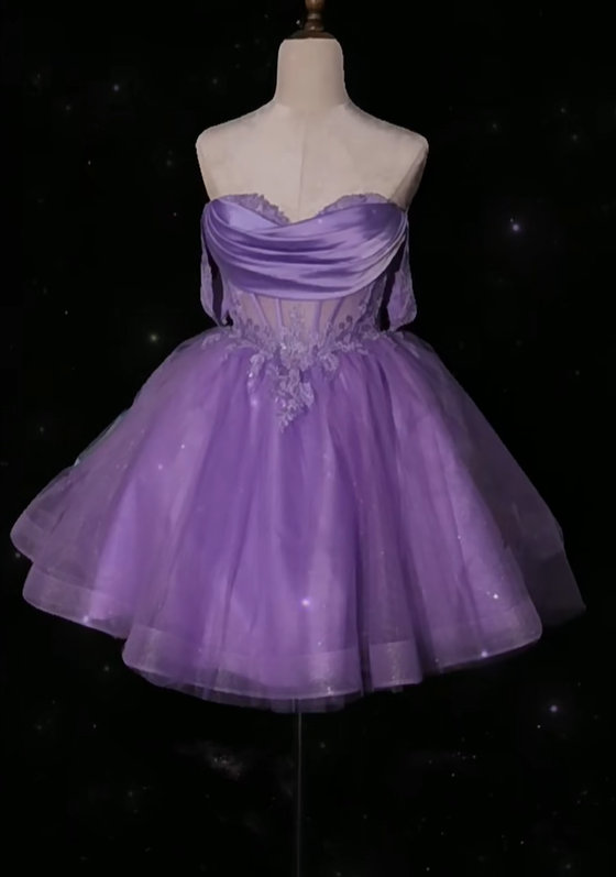 Elegant Lavender Sweetheart Neck Tulle Appliques A Line Birthday Outfits Formal Homecoming Dress D153