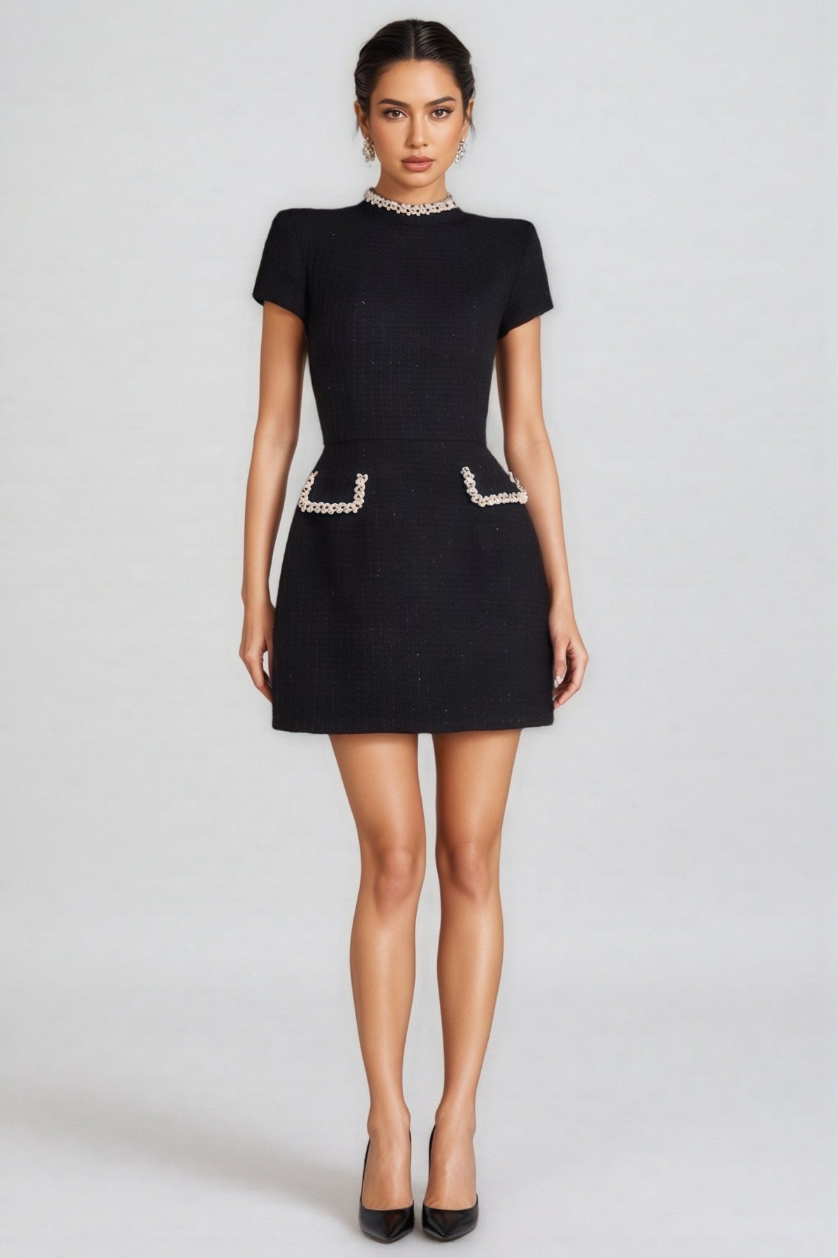 Pearl Trim Mock Neck Cap Sleeve Boucle Pocket Detail Mini Dress