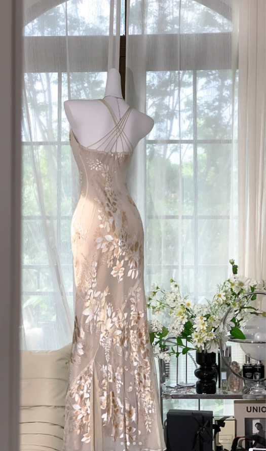 Pretty Spaghetti Straps Chiffon Print Floral Mermaid Long Party Dress Evening Gown D1379