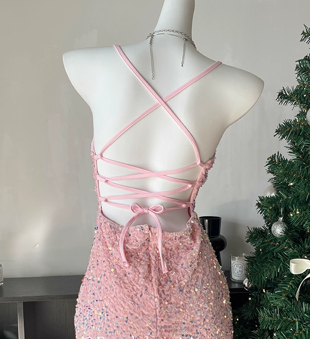 Sparkly Halter Sequin Sheath Cocktail Dress Pink Short Party Dress Homecoming Dress S672