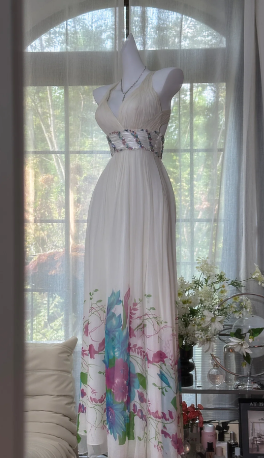 Chic White V Neck Chiffon Print Floral Beaded Long Evening Dress Backless Party Gown D926